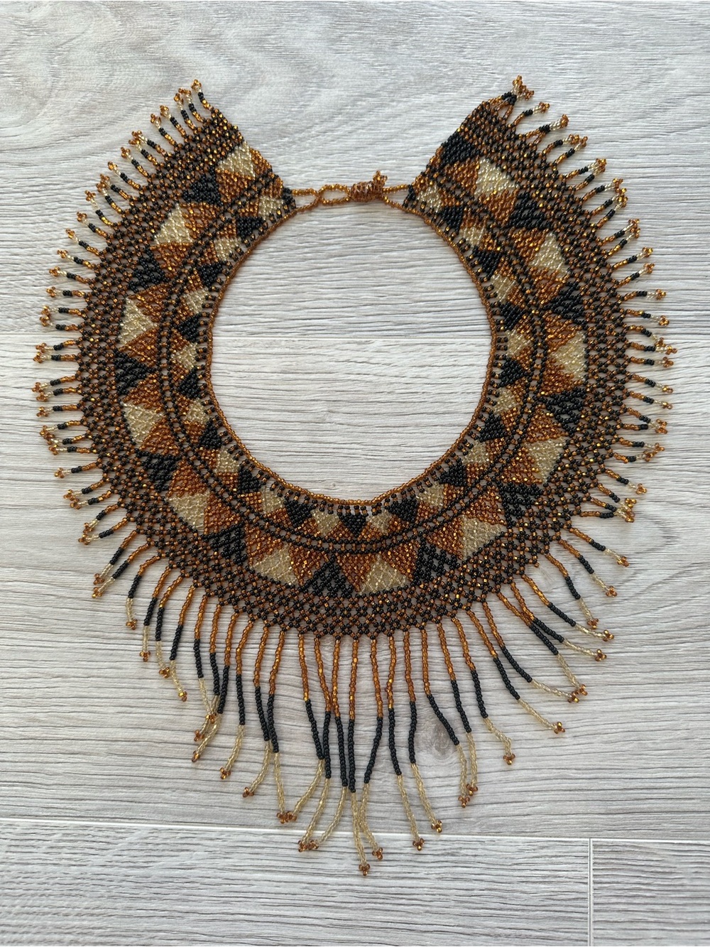 Geometric Woven Seed Bead Fringe Collar Necklace Brown Black Bronze Festival